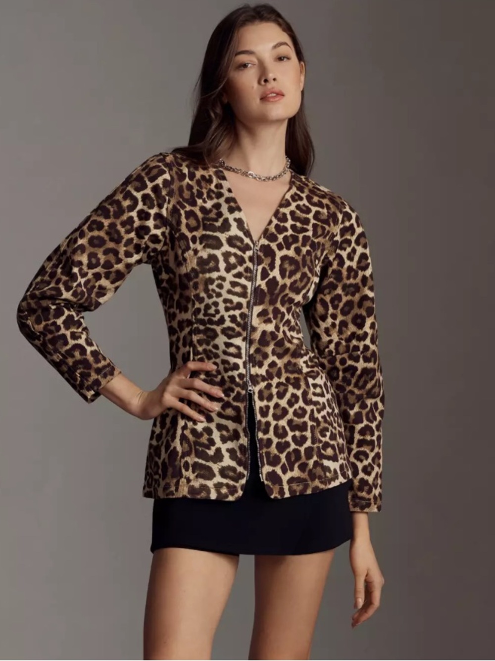 Anthropologie ALIGNE Toni Zip Front Peplum Leopard Print V-Neck Blazer Jacket 6